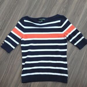 Lauren Ralph Lauren Navy and Coral Striped Sweater